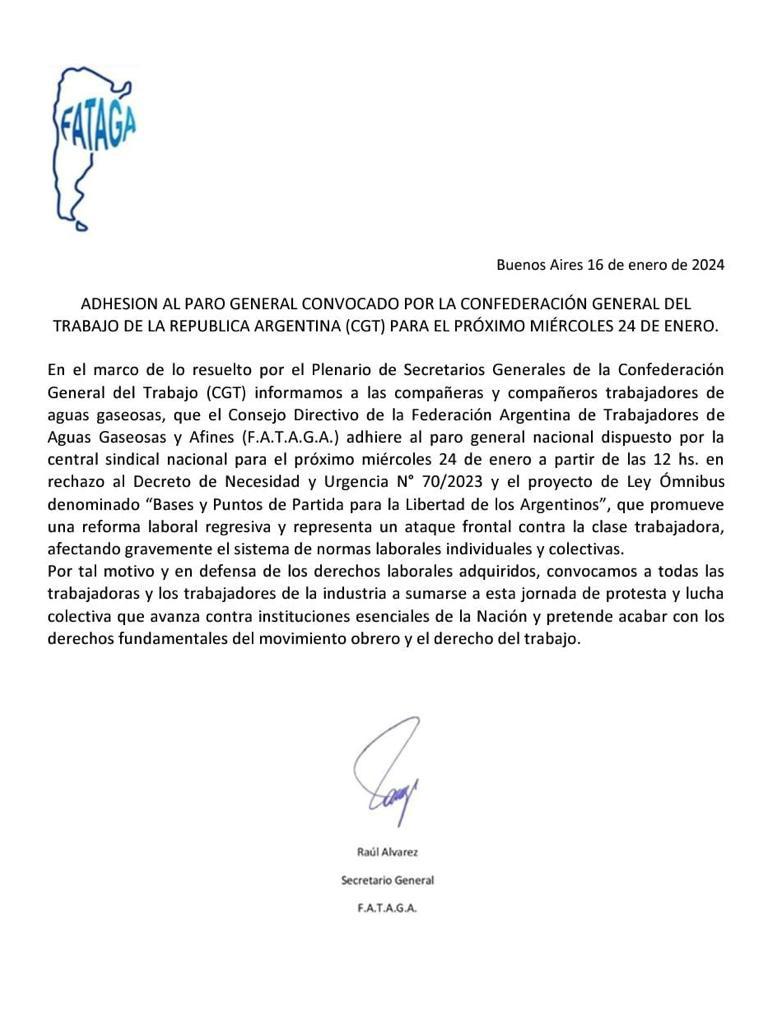 FATAGA adhiere al paro general convocado por CGT